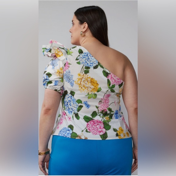 🟡🔵 Plus One Shoulder Puff Sleeve Hydrangea Top🔵🟡NWT XXL NEW YORK & COMPANY - Picture 3 of 10